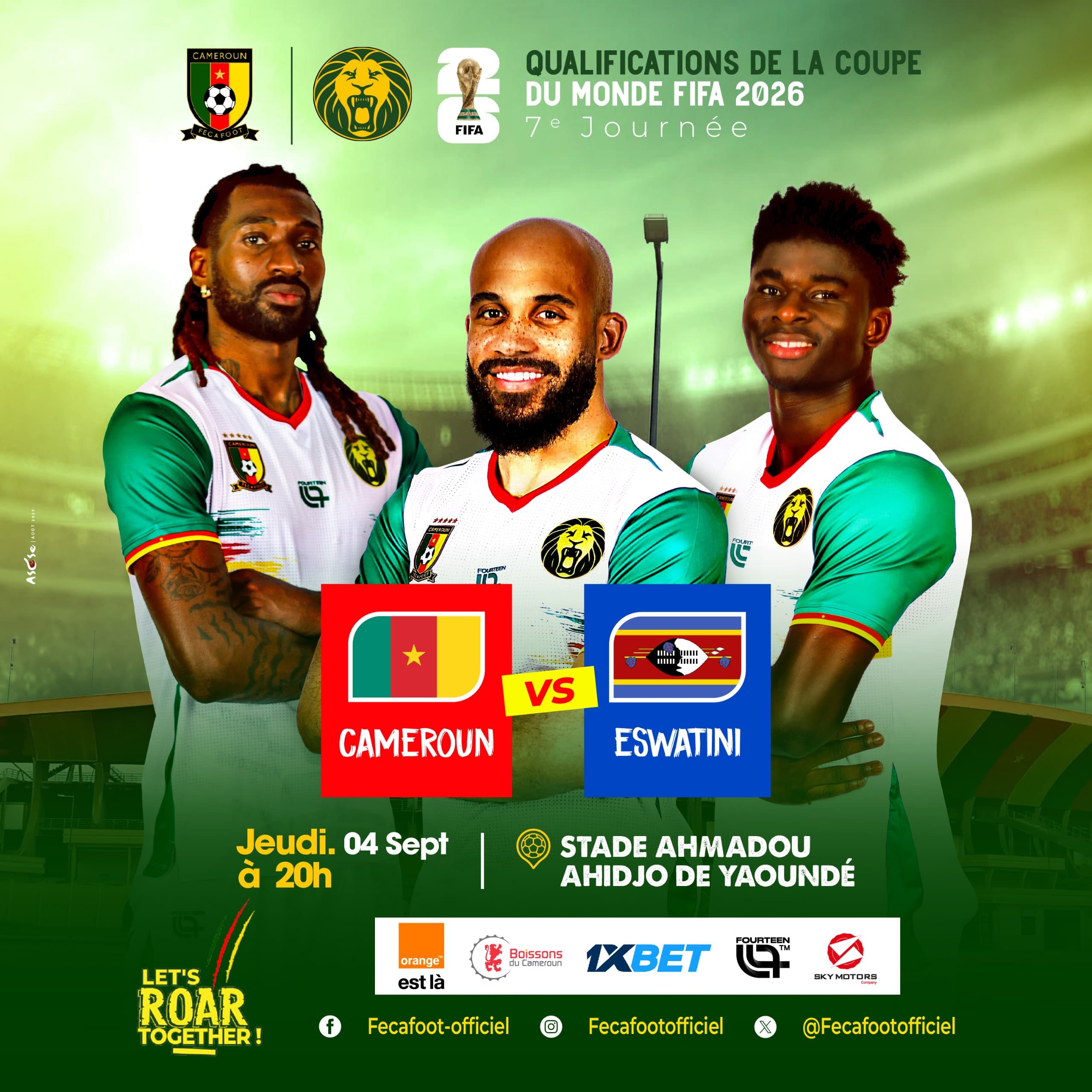 Affiche promotionnelle Cameroun vs Eswatini, 7e journée des éliminatoires de la Coupe du Monde FIFA 2026, au stade Ahmadou Ahidjo de Yaoundé.