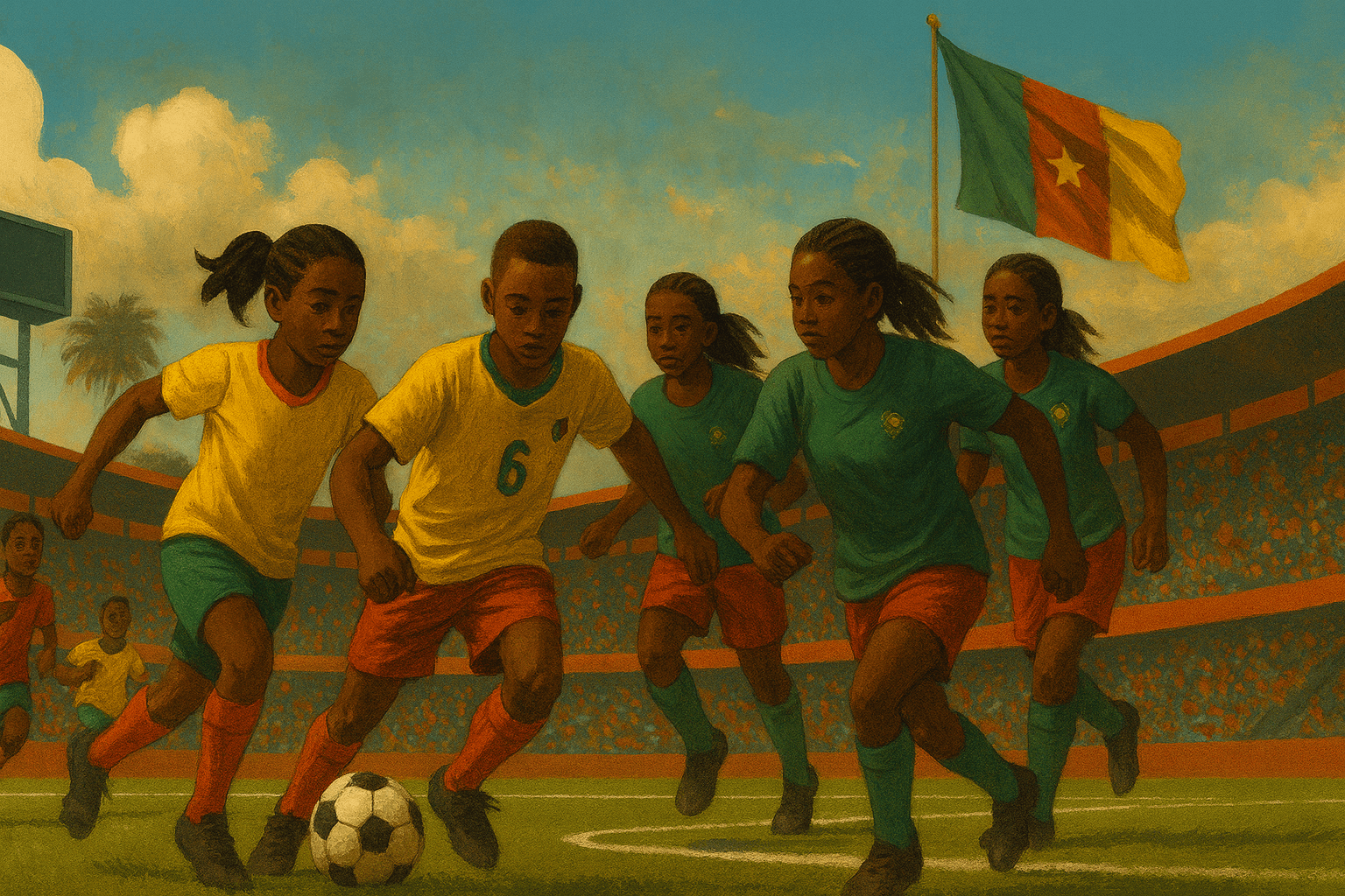 Tournoi Paul Biya 2025 avec des jeunes joueurs U13 et U17 camerounais en action sur le terrain