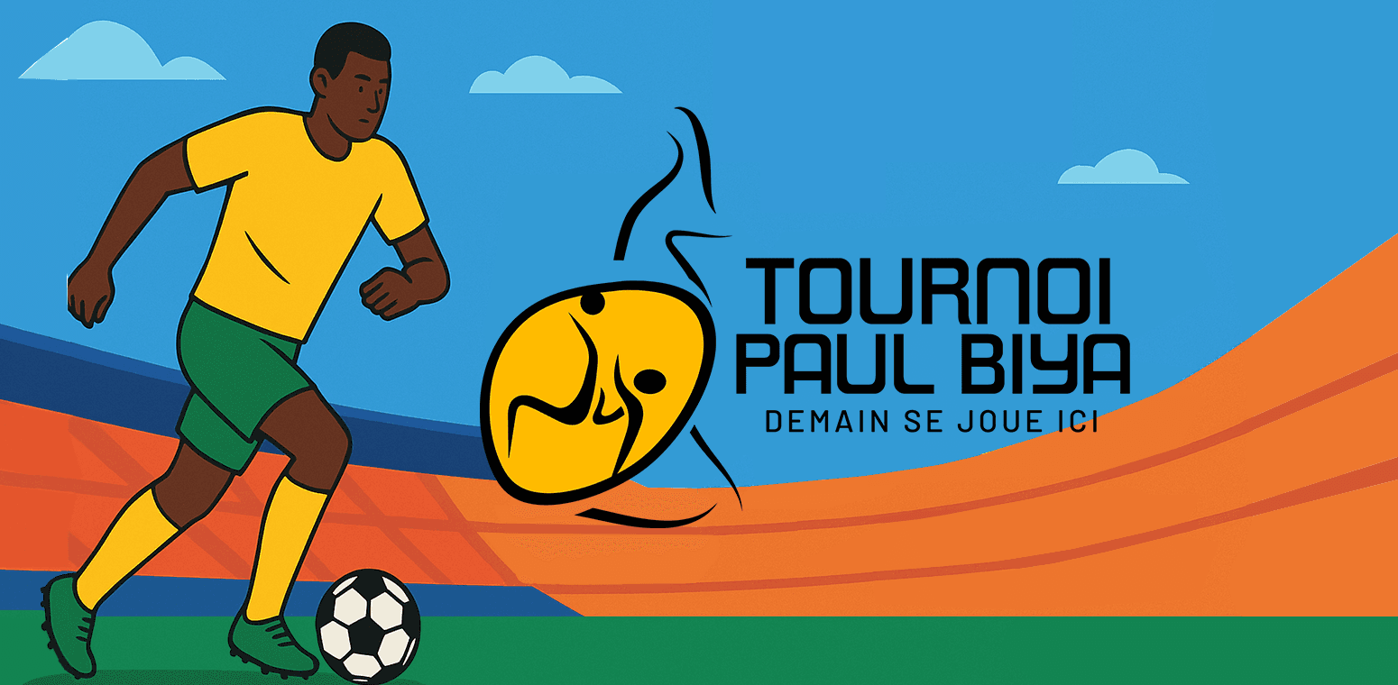Tournoi Paul Biya U17 montrant un joueur camerounais en action, avec les équipes qualifiées pour les demi-finales.
