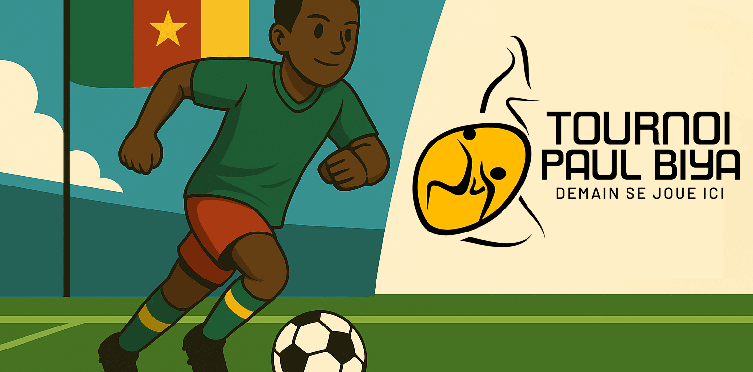 Tournoi Paul Biya 2025 à Yaoundé, mobilisant six jours de football jeunes avec le drapeau camerounais et le logo officiel.